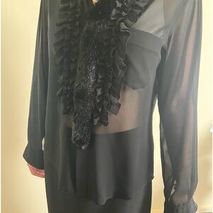 Comme des Garçons black sheer blouse with ruffle and faux fur detail